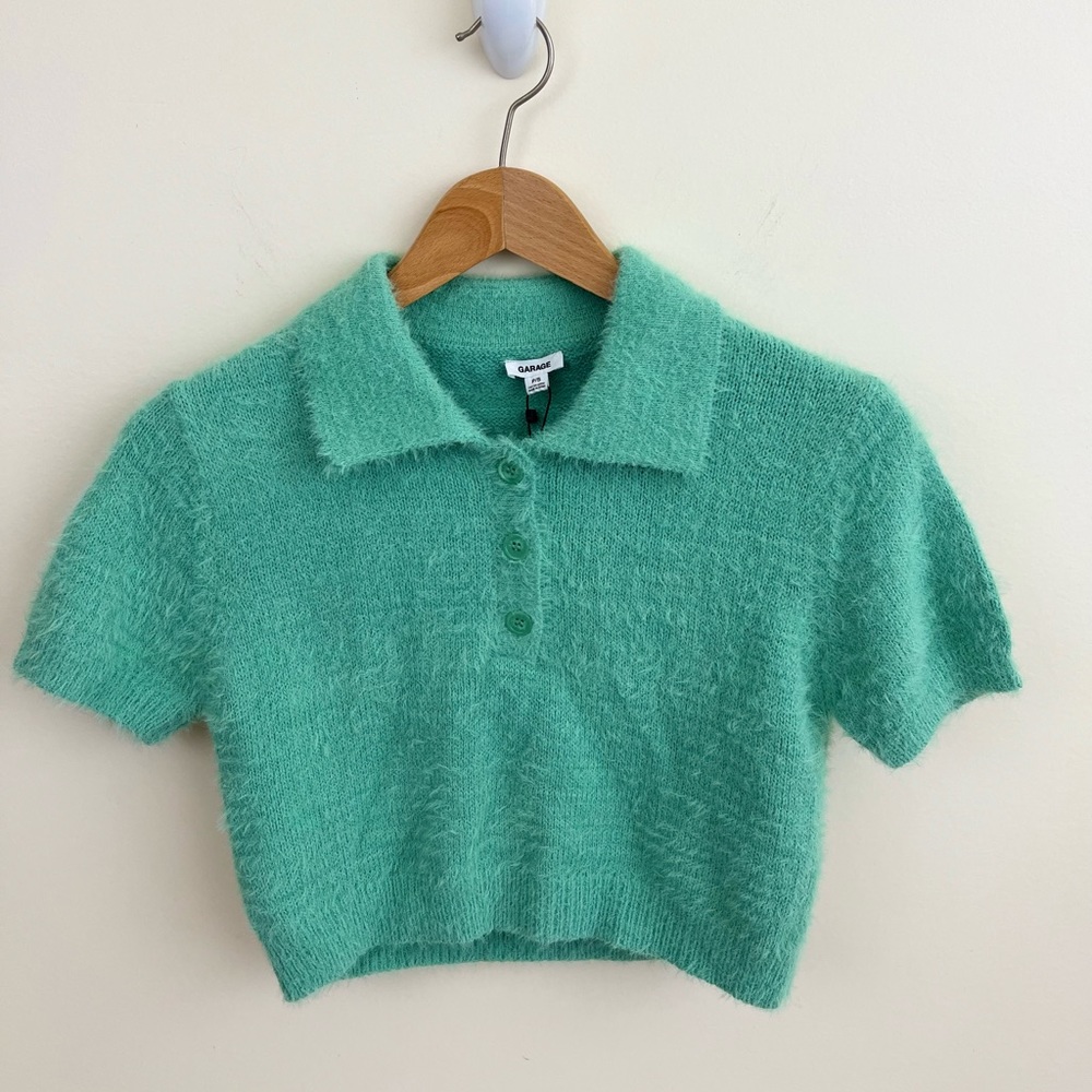 Garage Green Fuzzy Polo Top